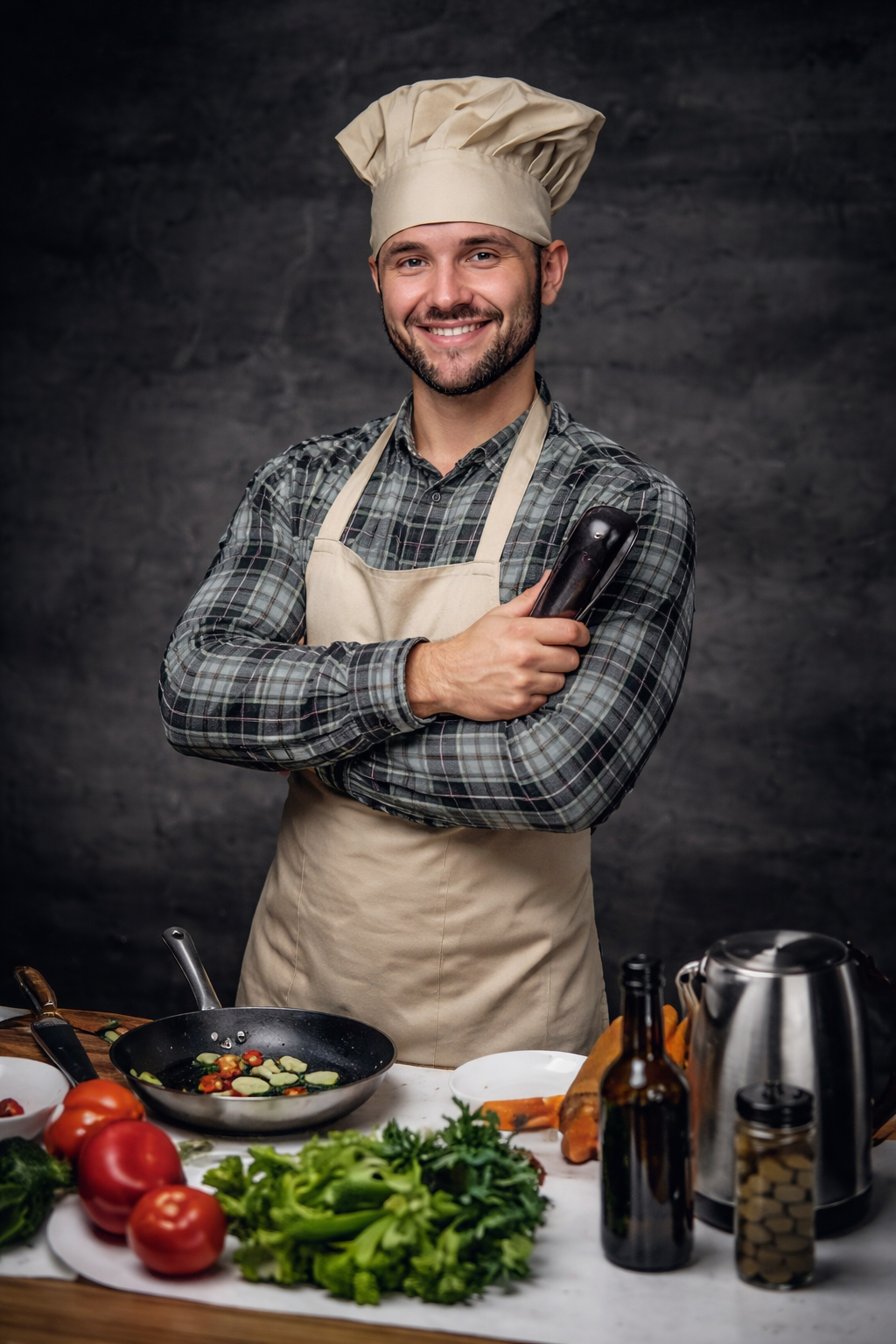 A smiling chef holding an eggplant in a kitchen with fresh vegetables.